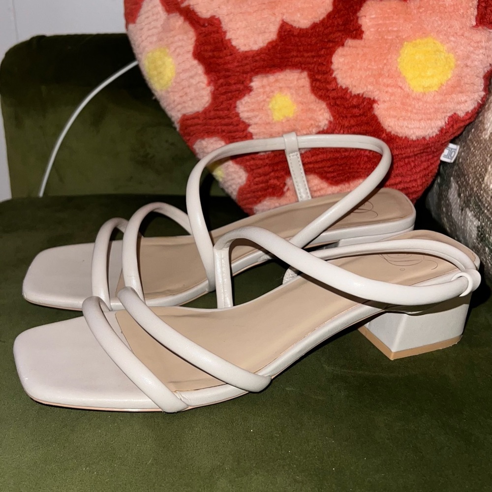 Cream Leather Block Heel Sandals